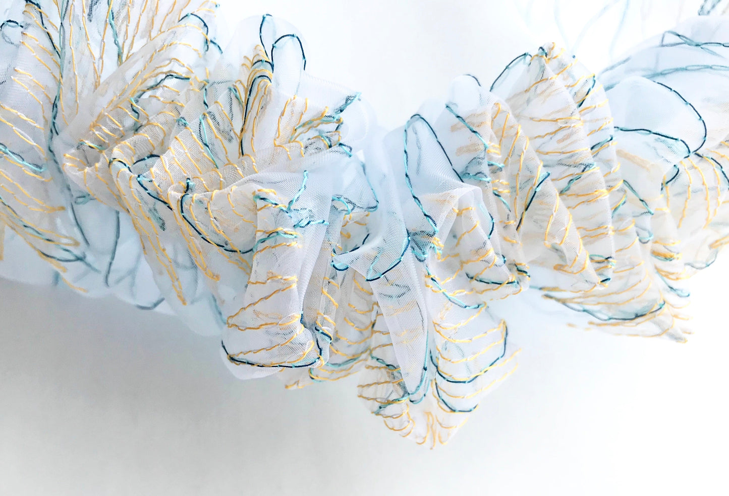 suimu(スイム)のオーガンジーにミシン刺繍した透明感と浮遊感のあるヘアアクセサリー　バックスタイルにボリュームをもってくるオリジナルヘアバンド　 糸４色使用の柄がポップなタイプ　個性的　お洒落　オシャレ　おしゃれ